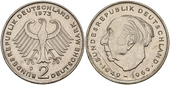 ФРГ 2 марки 1973 D, Теодор Хойс KM 127,  J. 407 медно-никель плакированный никелем  4149-532