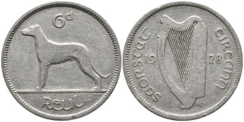 ИРЛАНДИЯ 6 ПЕНСОВ 1928 СОБАКА KM 5 никель 28-826