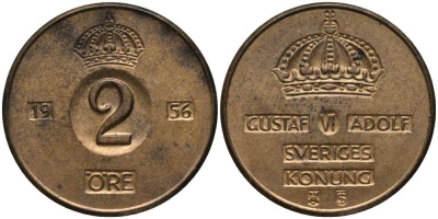 Швеция 2 эре 1956 TS, Густав VI Адольф (1950-1973) KM 821 бронза 202-634
