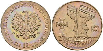 Польша 10 злотых 1971 MW, 50 лет битве за Верхнюю Силезию KM 64 медно-никель UNC 4601-1211