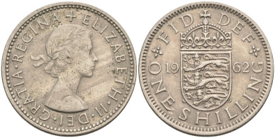 Великобритания 1 шиллинг 1962 Елизавета II (1952-2022), Английский герб KM 904, Spink 4147 медно-никель 4586-943