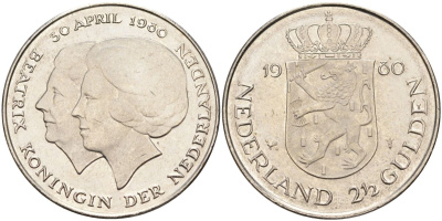 Нидерланды 2 1/2 гульдена 1980 коронация Беатрикс, 30 апреля 1980 KM 201 никель 4593-622