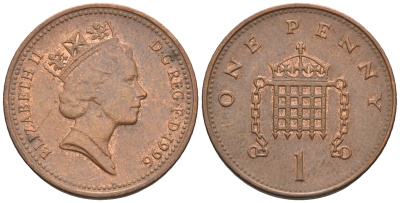 Великобритания 1 пенни 1996 Елизавета II (1952-2022) KM 935a, Spink 4391 (B4) сталь плакированная медью 4609-537