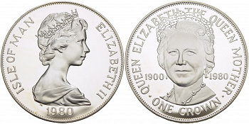 Остров Мэн 1 крона 1980 80 лет королеве Елизавете, королеве-матери КМ 68b серебро PROOF 1081-6-53