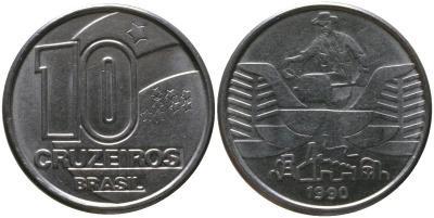 Бразилия 10 крузейро 1990 KM 619.1, Schon 128 нержавеющая сталь 4519-1123