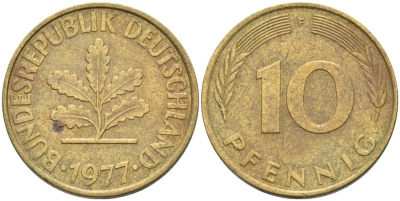 ФРГ 10 пфеннигов 1977 F KM 106 сталь плакированная латунью 4571-542