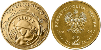 Польша 2 злотых 2004 MW, история злотого, монета на монете KM 479 нордик UNC 4448-152