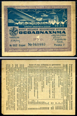 СССР 1 рубль 1933 восьмая Всесоюзная лотерея ОСОАВИАХИМА. Разряд 7. № 052 060980, Гознак, 1933 бумага 2196-46-3-2