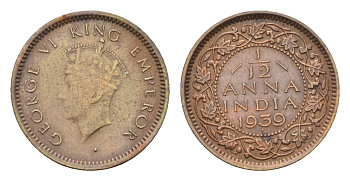 Британская Индия 1/12 анна 1939 Георг VI (1936-1952), год-тип KM 526 бронза 4152-254