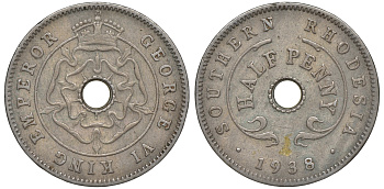 Британская Южная Родезия 1/2 пенни 1938 Георг VI (1937-1952) KM 14 медно-никель 4610-821