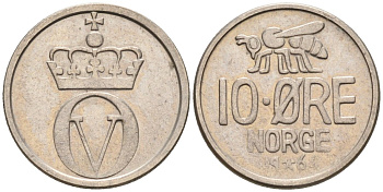 Норвегия 10 эре 1964 пчела, Улаф V (1958-1991) KM 411 медно-никель 4580-961