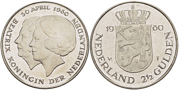 Нидерланды 2 1/2 гульдена 1980 коронация Беатрикс, 30 апреля 1980 KM 201 никель 38-114