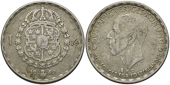 Швеция 1 крона 1942 G, Густав V (1907-1950) KM 814 серебро 27-1025