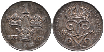 Швеция 1 эре 1948 Густав V (1907-1950) KM 810 железо 4387-545