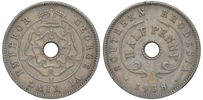 Британская Южная Родезия 1/2 пенни 1938 Георг VI (1937-1952) KM 14 медно-никель 4610-821