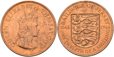 Джерси 1/12 шиллинга 1966 900 лет Нормандскому завоеванию KM 26 бронза UNC 4367-345