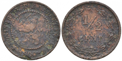 НИДЕРЛАНДЫ 1/2 ЦЕНТА 1900 ВИЛЬГЕЛЬМИНА (1890-1948) KM 109 бронза 73-1712