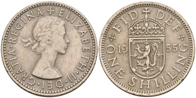 Великобритания 1 шиллинг 1955 Елизавета II (1952-2022), Шотландский герб KM 905, Spink 4148 медно-никель    4150-512