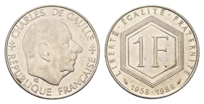 Франция 1 франк 1988 30 лет Пятой Республике, Шарль де Голль KM 963, Le Franc 227.2 никель 4675-752
