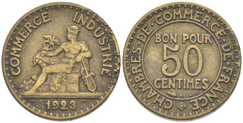 ФРАНЦИЯ 50 САНТИМОВ 1923 CHAMBRES DE COMMERCE KM 834, LE FRANC 191.6 алюминиевая бронза 218-123