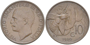 ИТАЛИЯ 10 ЧЕНТЕЗИМО 1920 R, МОНДВОР РИМ, ВИКТОР ЭММАНУИЛ III (1900-1946) KM 60 медь 4525-221