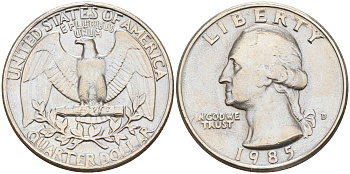 США 25 ЦЕНТОВ = КВОТЕР 1985 D, ВАШИНГТОН KM А164a медь плакированная медно-никелем 190-343