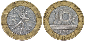 Франция 10 франков 1988 тип Гений Бастилии KM 964.1, Le Frank 375.2 биметалл 45-523