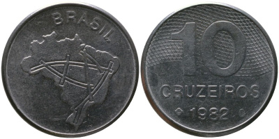 Бразилия 10 крузейро 1982 KM 592.1, Schon 101 нержавеющая сталь 4514-1145