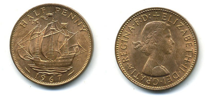 Великобритания 1/2 пенни 1967 Елизавета II (1952-2022) KM 896, Spink 4158 бронза UNC 4110-522