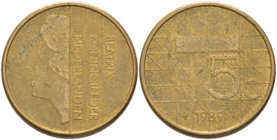 Нидерланды 5 гульденов 1989 Беатрикс (1980-2013) KM 210 никель плакированный бронзой 28-724