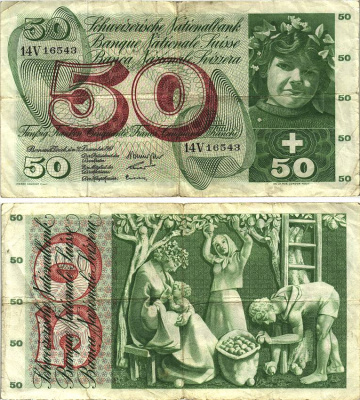 Швейцария 50 франков 1961 21 декабря 1961, серия 14 V, подпись 40 Pick 48 b бумага 8606-17-1-1