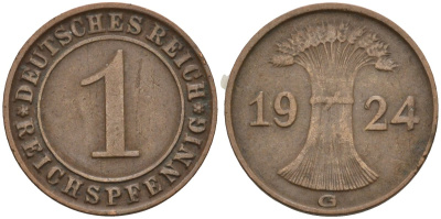 Германия 1 рейхспфенниг 1924 G KM 37, J. 313 бронза 4516-1121