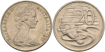 Австралия 20 центов 1973 Елизавета II (1952-2022), утконос KM 66 медно-никель 4572-626