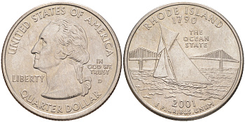 США 25 центов = квотер D, серия штаты США, Род-Айленд KM 320 медь плакированная медно-никелем 4114-143