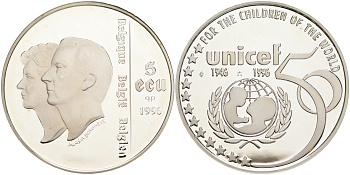 Бельгия 5 экю 1996 50 лет UNICEF (1946-1996) KM 203 серебро PROOF 11-252-12