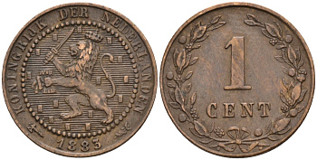 Нидерланды 1 цент 1883 Виллем III (1849-1890) KM 107 бронза 4585-746