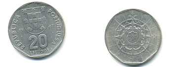 ПОРТУГАЛИЯ 20 ЭСКУДО 1987 INCM KM 634.1 медно-никель 54-2414