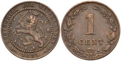 Нидерланды 1 цент 1883 Виллем III (1849-1890) KM 107 бронза 4585-746