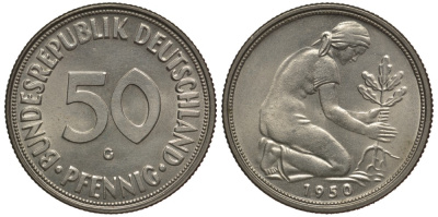 ФРГ 50 ПФЕННИГОВ 1950 G KM 109.1, J. 384 медно-никель UNC 4127-1132