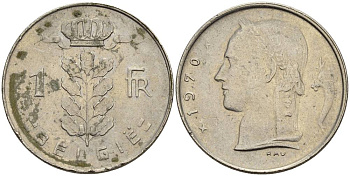 БЕЛЬГИЯ 1 ФРАНК 1970 BELGIE KM 143.1 медно-никель 4546-414