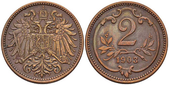 АВСТРИЯ 2 ГЕЛЛЕРА 1903 ФРАНЦ ИОСИФ (1846-1918) KM 2801 бронза 201-327