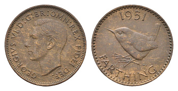 Великобритания 1 фартинг 1951 Георг VI (1936-1952) KM 867, Spink 4119 бронза 4664-358