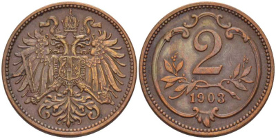 АВСТРИЯ 2 ГЕЛЛЕРА 1903 ФРАНЦ ИОСИФ (1846-1918) KM 2801 бронза 201-327