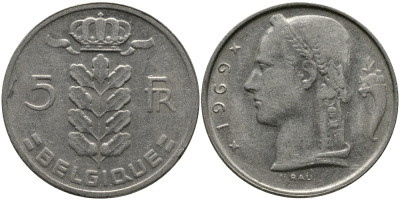 БЕЛЬГИЯ 5 ФРАНКОВ 1969 BELGIQUE KM 134.1 медно-никель 98-641