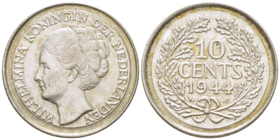 Нидерланды 10 центов 1944 Вильгельмина (1890-1948) KM 163 серебро aUNC 66-1269