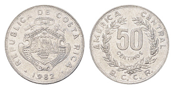 Коста-Рика 50 сентимо 1982 KM 209.1 нержавеющая сталь 4664-746