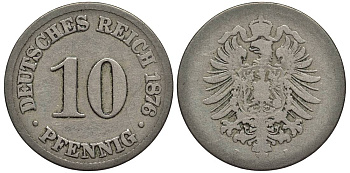 ГЕРМАНИЯ 10 ПФЕННИГОВ 1876 B, СТАРОГЕРБОВКА KM 4, Jager 4, Weege 7 медно-никель 4546-1136