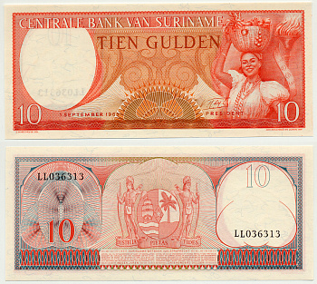 Суринам 10 гульденов 1963 женщина с фруктами Pick 121 b бумага UNC (пресс) 7485-41-2