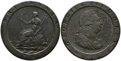 Великобритания 1 пенни 1797 Георг III (1760-1820) KM 618, Spink 3777 медь 1518-241