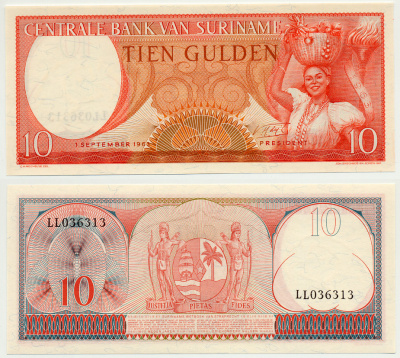 Суринам 10 гульденов 1963 женщина с фруктами Pick 121 b бумага UNC (пресс) 7485-41-2